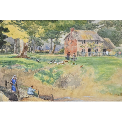 126 - A Gilt Framed Watercolour Depicting Thatched Cottage with Figures and Poultry Beside Tree Lined Stre... 