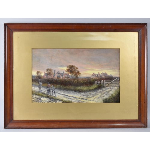 138 - A Framed Oil Depicting Figures Walking Down Muddy Lane, 47x29cm