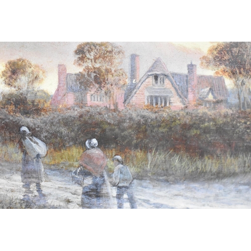 138 - A Framed Oil Depicting Figures Walking Down Muddy Lane, 47x29cm