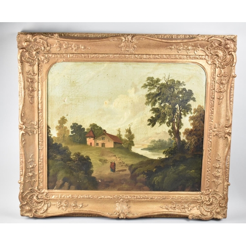 156 - A Large Naive Gilt Framed Oil on Canvas Depicting Figure Walking towards Church Beside River, 59x49c... 