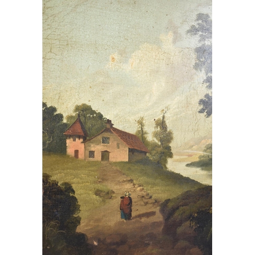 156 - A Large Naive Gilt Framed Oil on Canvas Depicting Figure Walking towards Church Beside River, 59x49c... 