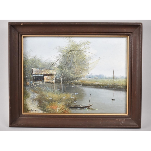 157 - A Framed Modern Oil on Canvas Depicting Far Eastern River Scene, River Lift Net, Signed Somsak '80, ... 