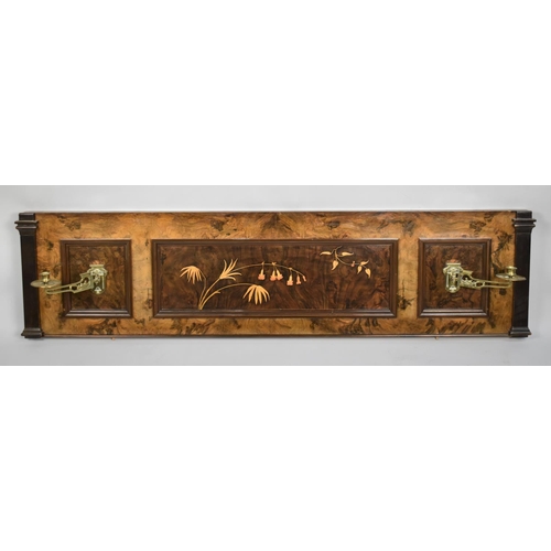 158 - The Front Panel of an Inlaid Rosewood Piano, Having Two Art Nouveau Candle Sconces, 140cm wide