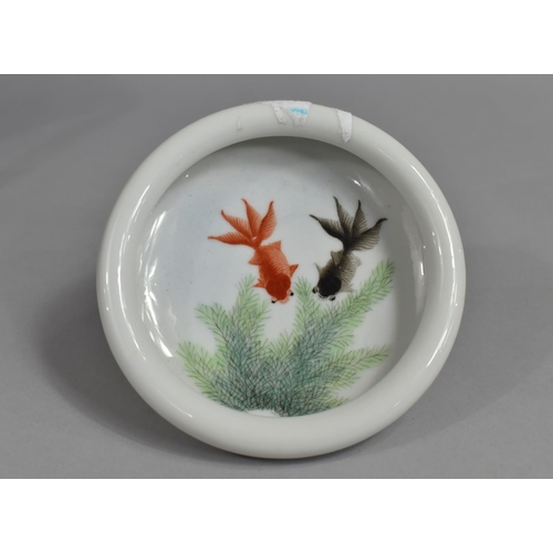 A Chinese Porcelain Circular Inverted Lipped Rim Porcelain Brush Washer / Dish Decorated with Fish, Six Character Mark to Base, 12cm Diameter