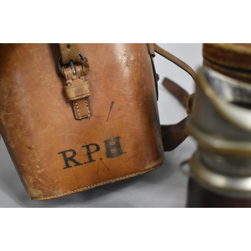 87 - Two Leather Binocular Cases and a pair of Leather Mounted Binoculars, Trench Art Letter Opener Forme... 