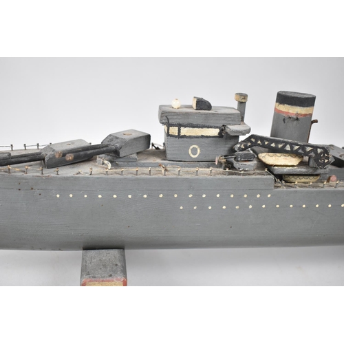 89 - A Mid 20th Century Home Made Wooden Model of a WWII Battleship, 65cms Long