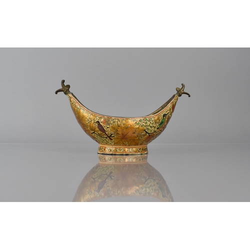 386 - A Bronze Kashmiri Kashkul or Beggar's Bowl of Usual Boat Form decorated in Lacquered Polychrome Enam... 