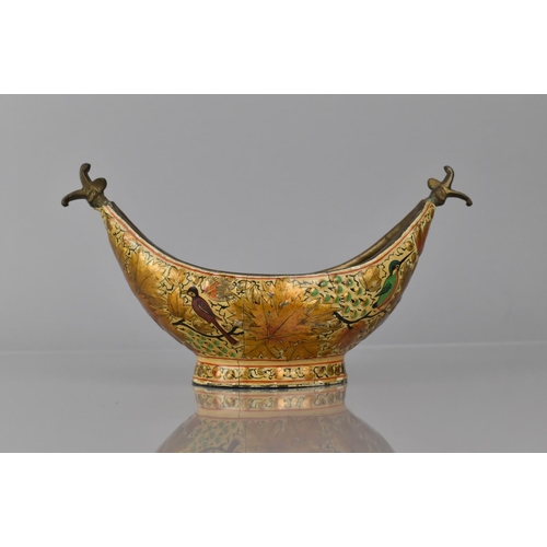 386 - A Bronze Kashmiri Kashkul or Beggar's Bowl of Usual Boat Form decorated in Lacquered Polychrome Enam... 