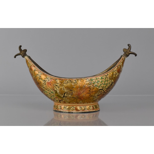 386 - A Bronze Kashmiri Kashkul or Beggar's Bowl of Usual Boat Form decorated in Lacquered Polychrome Enam... 