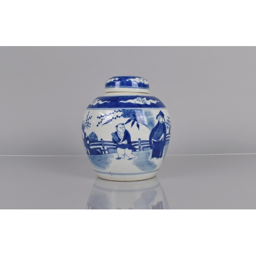 351 - A Chinese Blue and White Ginger Jar Decoration with Figures in Walled Garden, Six Character Mark to ... 