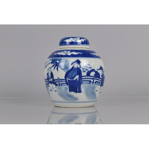 351 - A Chinese Blue and White Ginger Jar Decoration with Figures in Walled Garden, Six Character Mark to ... 