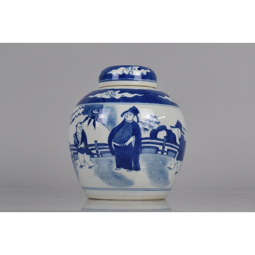 351 - A Chinese Blue and White Ginger Jar Decoration with Figures in Walled Garden, Six Character Mark to ... 