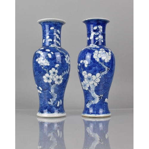 376 - A Pair of 19th century Chinese Blue and White Prunus Pattern Vases, Baluster Form with Flared Neck, ... 