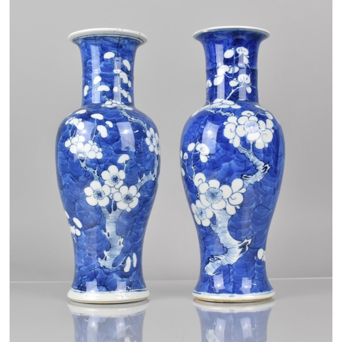 376 - A Pair of 19th century Chinese Blue and White Prunus Pattern Vases, Baluster Form with Flared Neck, ... 