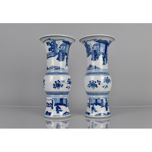 368 - A Pair of Chinese Blue and White Yen Yen Vases, Decorated with Seated Officials, Attendants and Scho... 