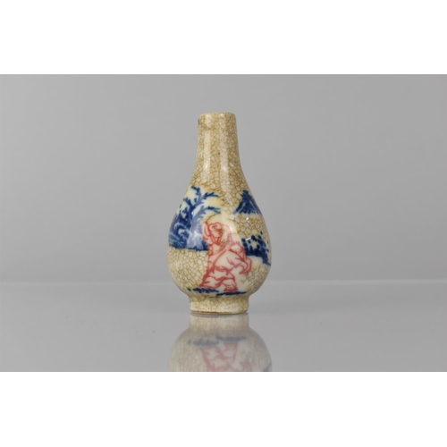 349 - A Chinese Snuff Bottle/Miniature Vase, Crackle Glazed with Blue and White Design and Red Figures, Bl... 