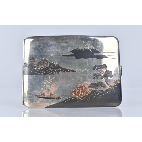A Japanese Silver Cigarette Case, Decorated with Damascene Japanese Scene  to Exterior and Interior w