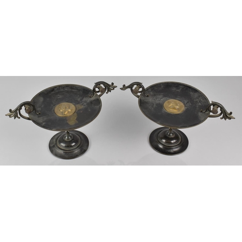 94 - A Pair of Late 19th Century Grand Tour Tazzas with Scrolled Twin Handles and Central Gilt Bronze  Bu... 