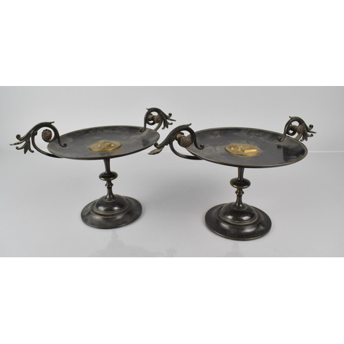 94 - A Pair of Late 19th Century Grand Tour Tazzas with Scrolled Twin Handles and Central Gilt Bronze  Bu... 