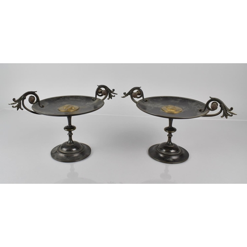 94 - A Pair of Late 19th Century Grand Tour Tazzas with Scrolled Twin Handles and Central Gilt Bronze  Bu... 