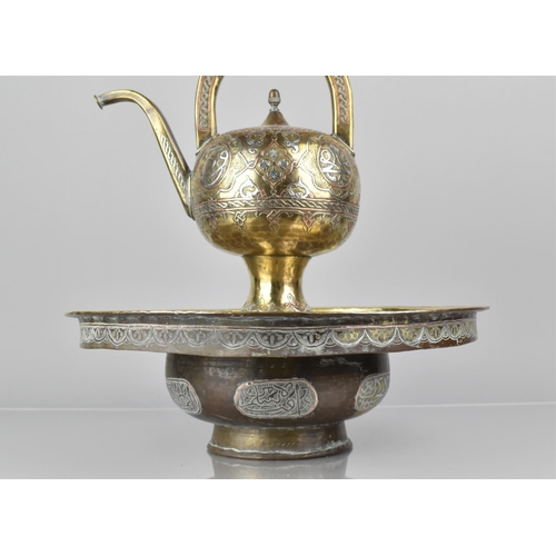 85 - A Fine 19th Century Islamic Damascus Mamluk Revival Brass Ewer and Draining Basin with Inlaid Silver... 