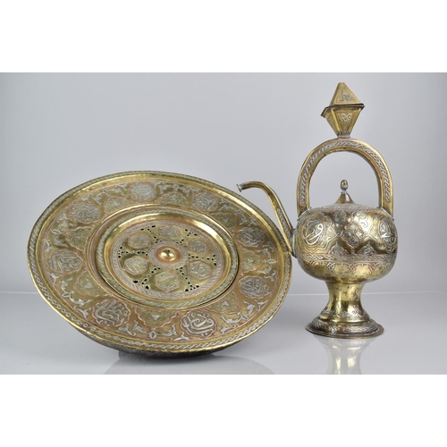 85 - A Fine 19th Century Islamic Damascus Mamluk Revival Brass Ewer and Draining Basin with Inlaid Silver... 