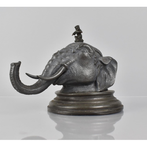 81 - A Victorian Pewter Desk Inkwell in the Form of an Indian Elephant Head with Flute Playing Monkey Fin... 