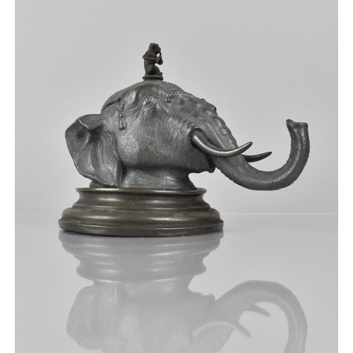 81 - A Victorian Pewter Desk Inkwell in the Form of an Indian Elephant Head with Flute Playing Monkey Fin... 