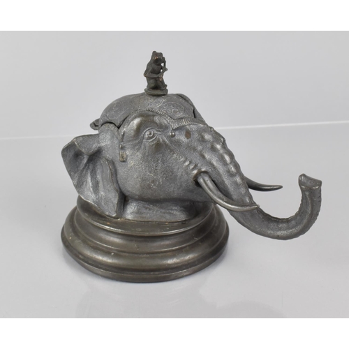 81 - A Victorian Pewter Desk Inkwell in the Form of an Indian Elephant Head with Flute Playing Monkey Fin... 