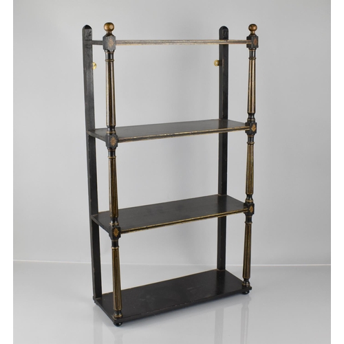 55 - An Ebonised and Gilt Aesthetic Style Wall Hanging Four Shelf Unit, 37.5cms Wide