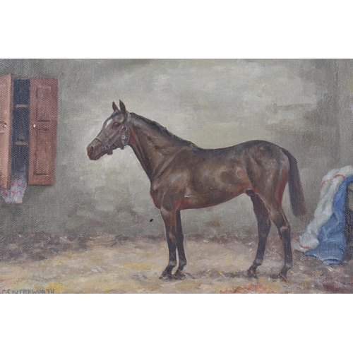 436 - A 20th Century Oil on Board, English School, Interior Stable Scene with Horse Signed A.G. Shuttlewor... 