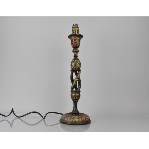 384 - A Kashmiri Table Lamp Base on Black Ground decorated in Polychrome Enamels, 47cms High, Condition Is... 