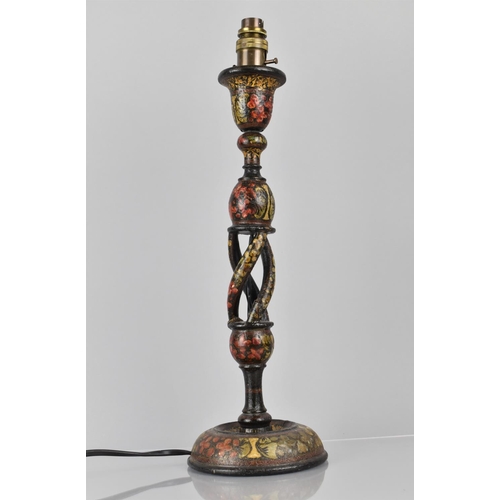 384 - A Kashmiri Table Lamp Base on Black Ground decorated in Polychrome Enamels, 47cms High, Condition Is... 