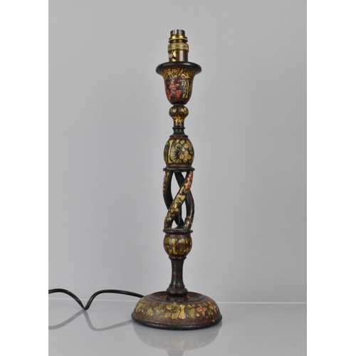 384 - A Kashmiri Table Lamp Base on Black Ground decorated in Polychrome Enamels, 47cms High, Condition Is... 