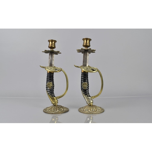 135 - A Pair of 19th Century 1889 Pattern Prussian Sword Hilts, Now Converted to Candlesticks, 27cms High