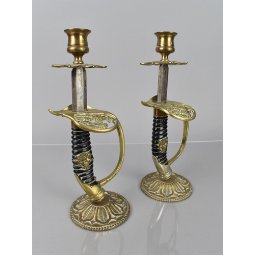 135 - A Pair of 19th Century 1889 Pattern Prussian Sword Hilts, Now Converted to Candlesticks, 27cms High