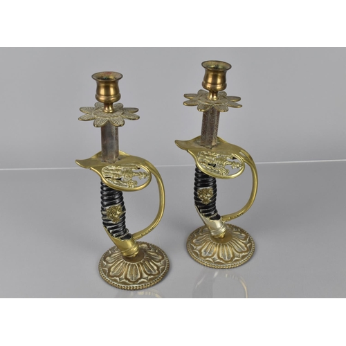 135 - A Pair of 19th Century 1889 Pattern Prussian Sword Hilts, Now Converted to Candlesticks, 27cms High