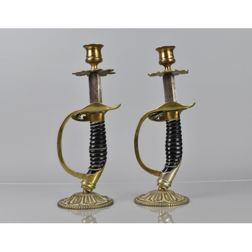 135 - A Pair of 19th Century 1889 Pattern Prussian Sword Hilts, Now Converted to Candlesticks, 27cms High