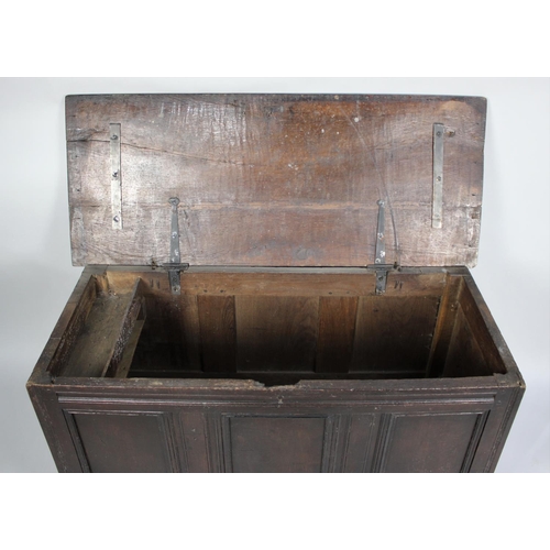 118 - An 18th Century Oak Three Panel Coffer Chest with Hinged Lid, Inner Candle Box, 126cms Wide