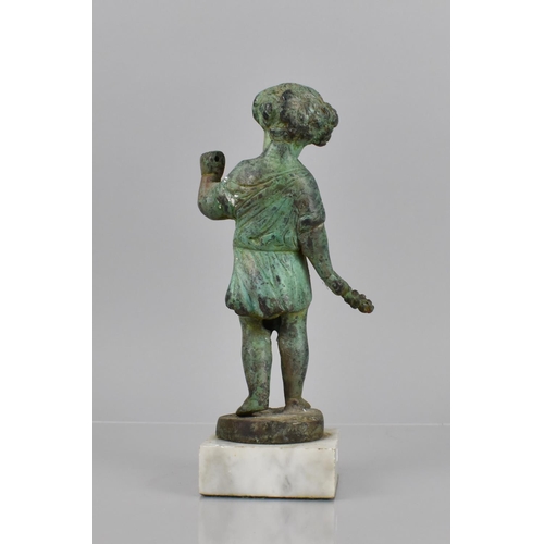 92 - A Verdigris Bronze Standing Child in Robe Holding Ear of Wheat, On Square Marble Plinth, 14cms High