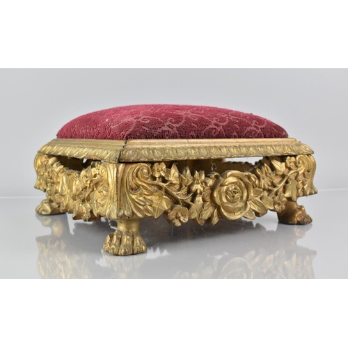 38 - A 19th Century Carved and Pierced Gilt Stool of Square Form with tapestry Top having Floral Swag Sid... 