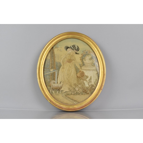 438 - A 19th Century Oval Embroidery in Gilt Frame depicting Lady in Garden Watering Plants with Dog at He... 