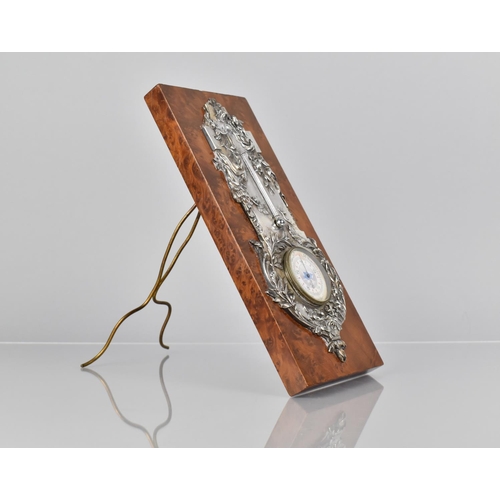 130 - A French Silver Plate Mounted Burr Wood Easel Back Weather Station with Barometer and Thermometer. 2... 