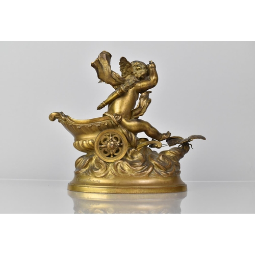 105 - After L Coustou, A 19th Century Gilded Bronze Study of Cupid Sat on Chariot being Pulled by Butterfl... 