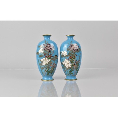 104 - A Pair of Nice Quality Vases, Cloisonne Enamel on Bronze decorated with Flowers and Berries, 16cms H... 