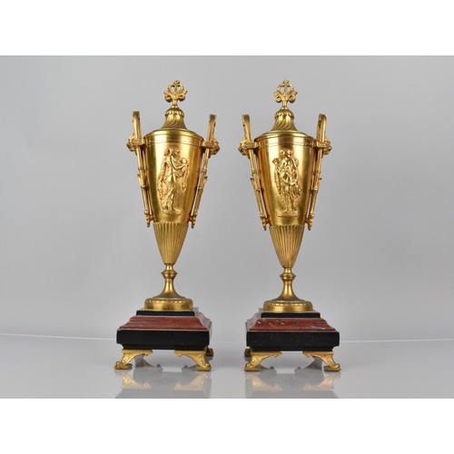 100 - A Pair of French 19th Century Gilt Bronze Garnitures in the Form of Two Handled Lidded Vases having ... 