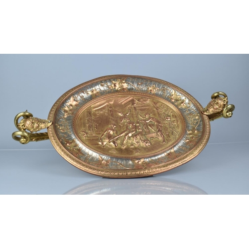 82 - A French Oval Brass and Copper Two Handled Table Centre Decorated in Relief with Venus and Attendant... 