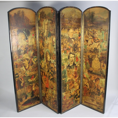 415 - A Late Victorian Four Panel Arch Topped Modesty Screen decorated with Decoupage to Both Sides. Eboni... 