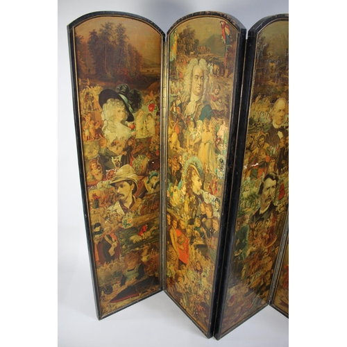 415 - A Late Victorian Four Panel Arch Topped Modesty Screen decorated with Decoupage to Both Sides. Eboni... 