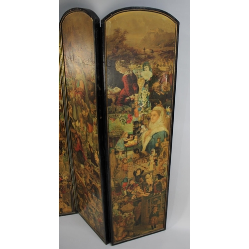 415 - A Late Victorian Four Panel Arch Topped Modesty Screen decorated with Decoupage to Both Sides. Eboni... 